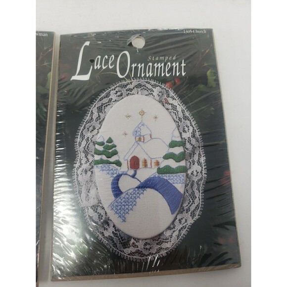 Lace Ornament Kits Stamped VTG 1990s Designs for the Needle Church Snowman NOS - Picture 3 of 16